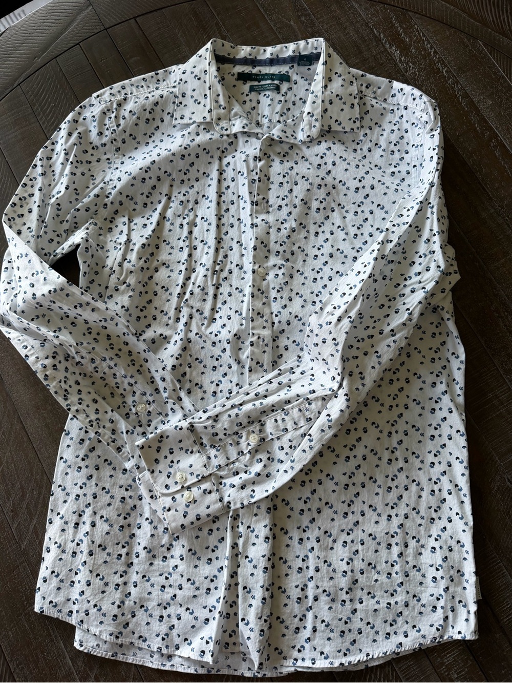 Perry Ellis White Button-Down Shirt with Navy Spot Print